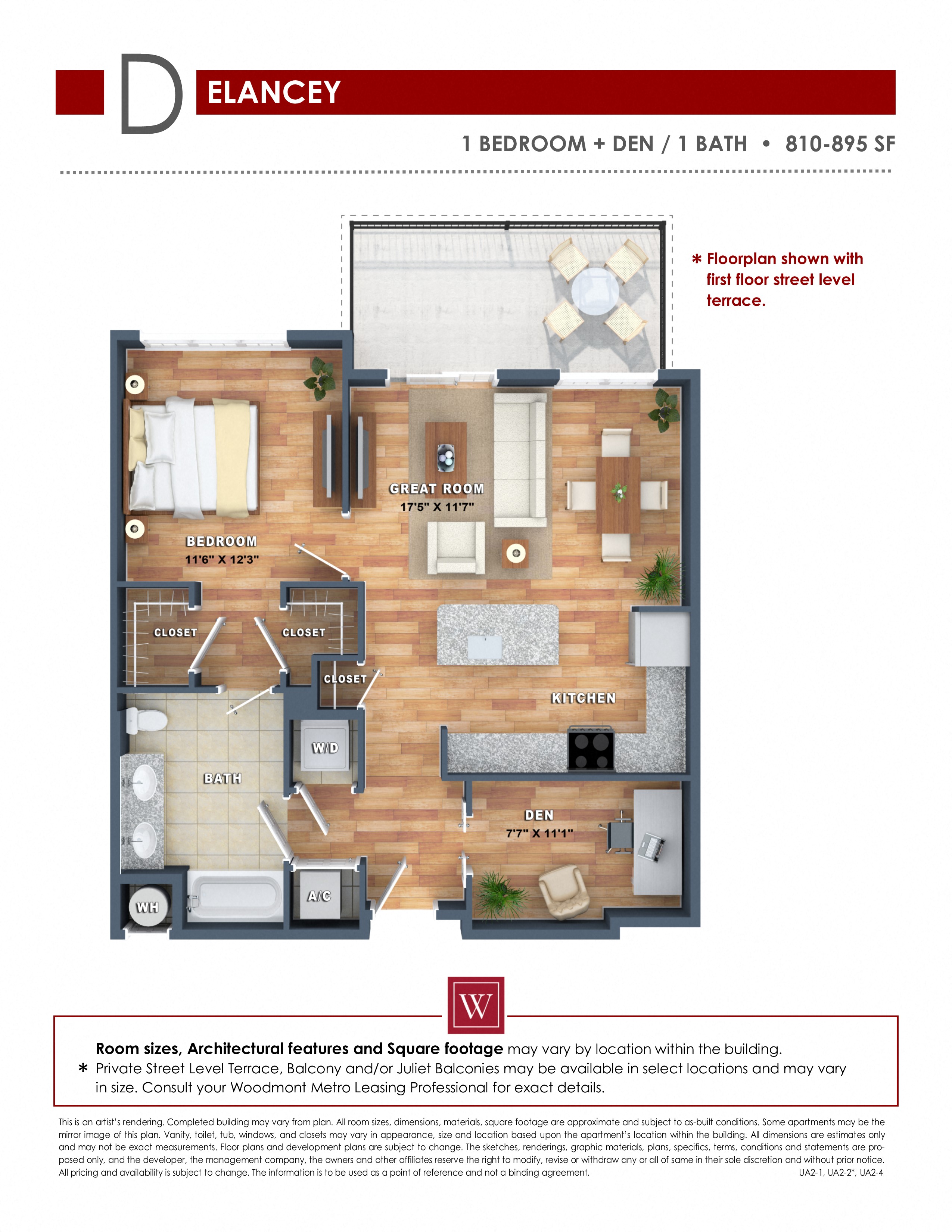 Floor plan for 1 bed, 1 bath, 845 sqft